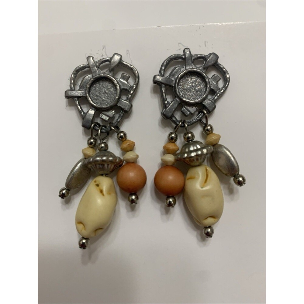 Vintage Dangle Earrings With Metal and Natural Looking Wood-like Beads